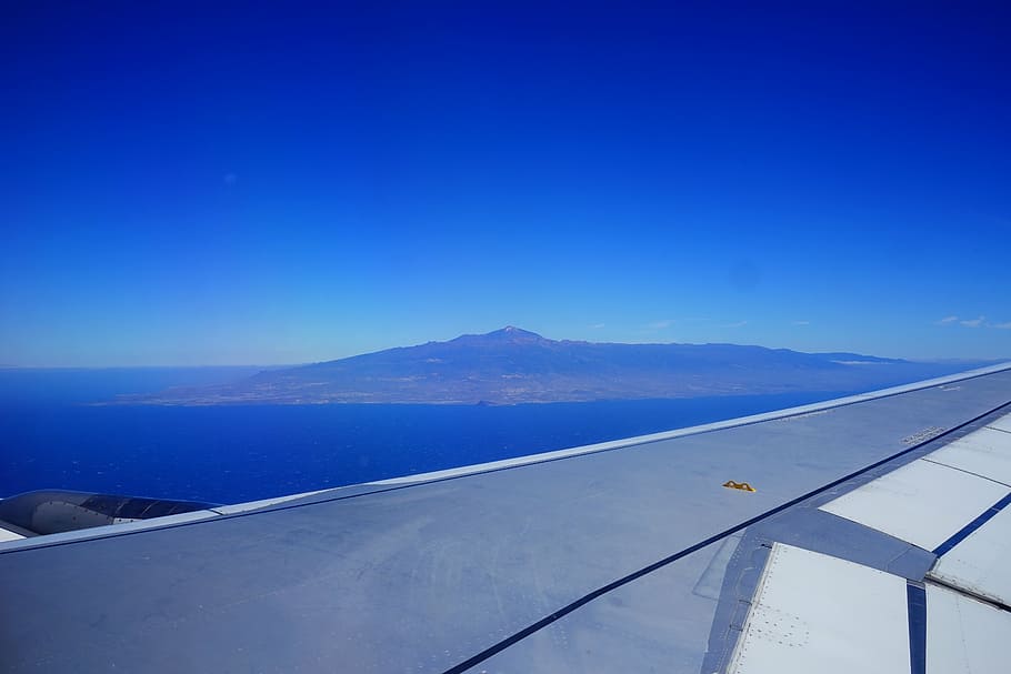 fly, aircraft, wing, sky, clouds, blue, tenerife, teide, mountain HD wallpaper