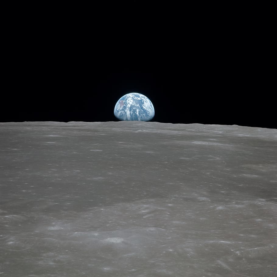moon with earth photo, rising, surface, rise, space, planet, cosmos, HD wallpaper