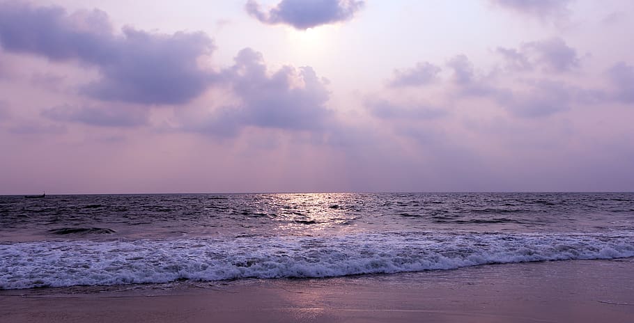 sea, sunset, ocean, beach, water, sky, horizon over water, land HD wallpaper