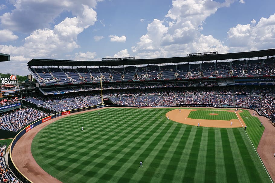 aerial photography of baseball field at daytime, athletes, ballpark