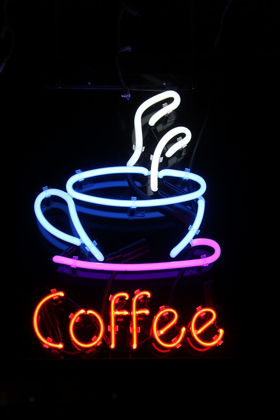 turned-on blue and multicolored Coffee neon signage, photo, neon light