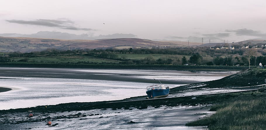 landscape photography of speed boat near body of water, fishing boat on seashore HD wallpaper