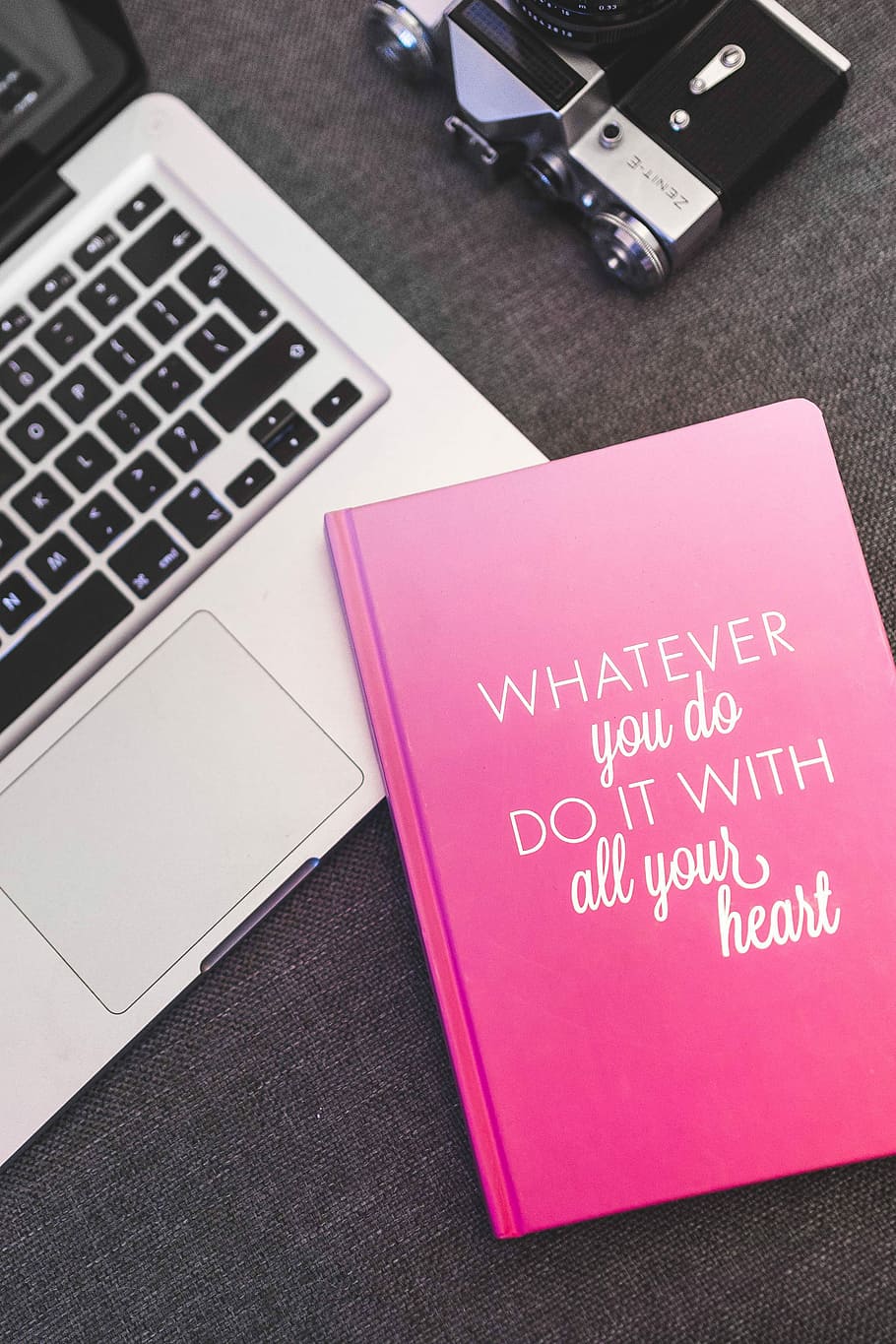 Pink notebook with a silver laptop and a camera, diary, business, HD wallpaper