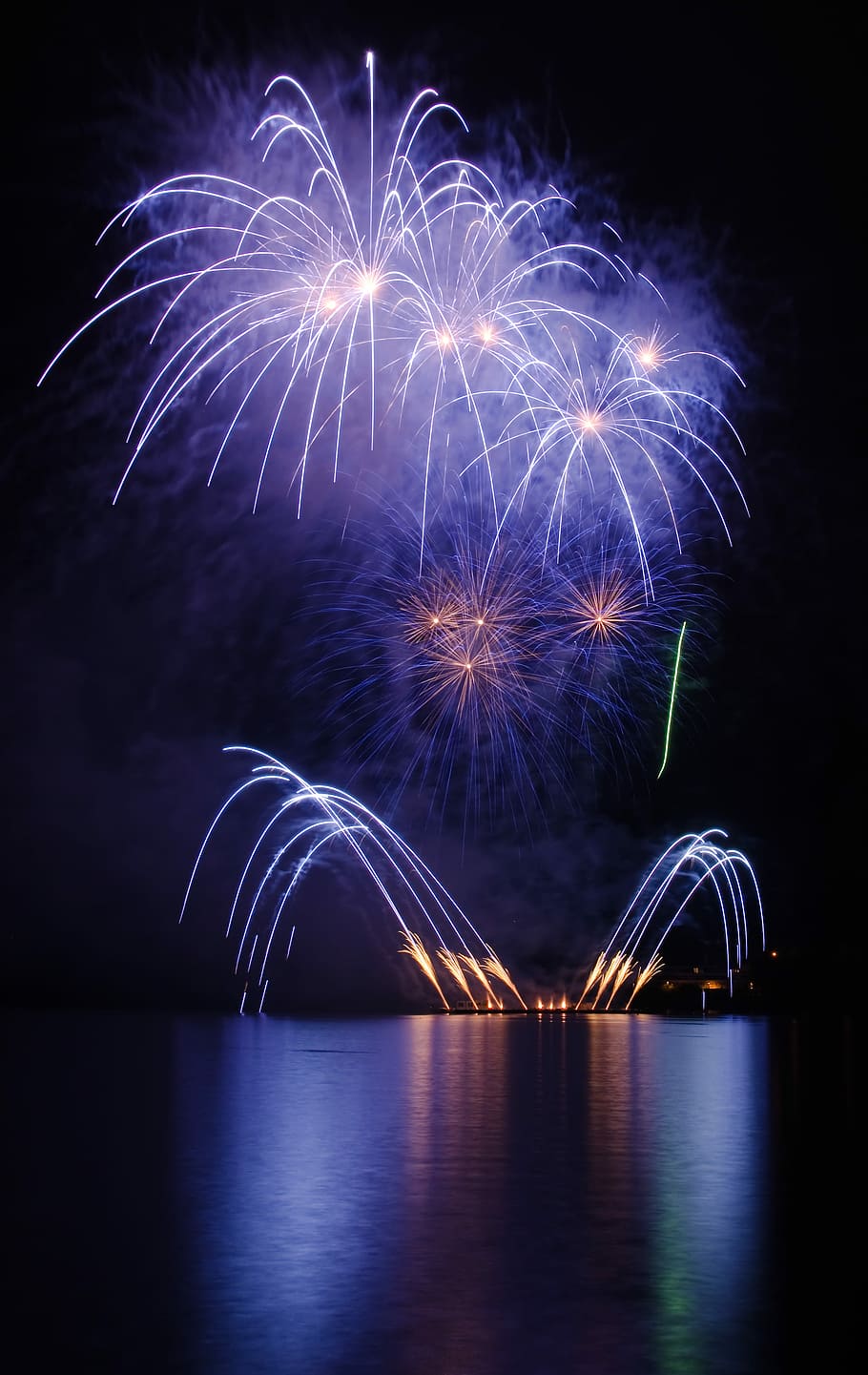 Fireworks show above the lake, firework display, exhibition, pyrotechnic HD wallpaper