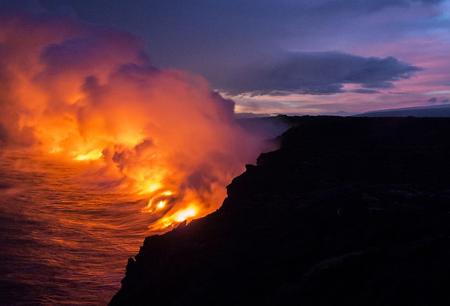 silhouette of mountain during sunset, silhouette photograph of lava HD wallpaper