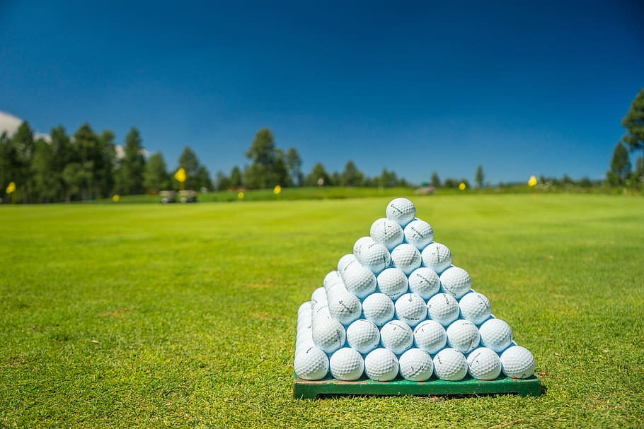 white golf balls on green fieled, course, club, golfing, grass