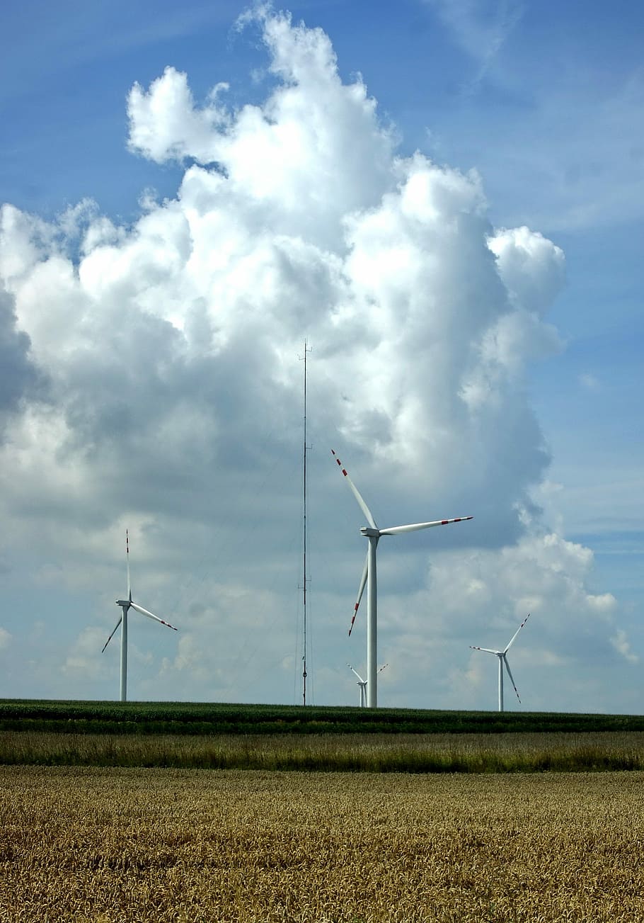 Blue Sky, Clouds, Windmill, windmill farm, wind power, wind turbine HD wallpaper
