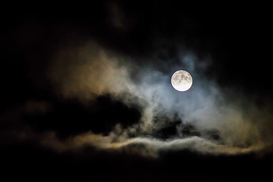 crescent moon and gray clouds, dark, night, sky, full, bright HD wallpaper