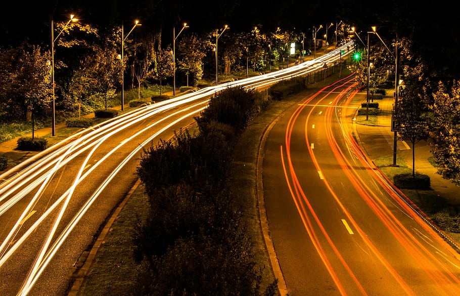 timelapse photography of passing cars in two highways with center isle during nighttime, HD wallpaper