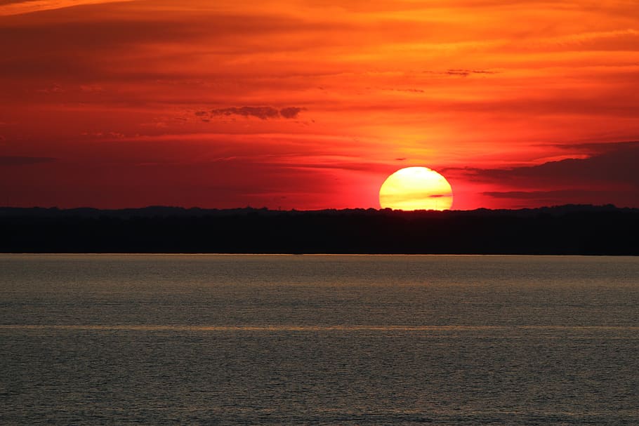 sunset, red, orange, sky, color, evening, water, outdoor, dusk HD wallpaper