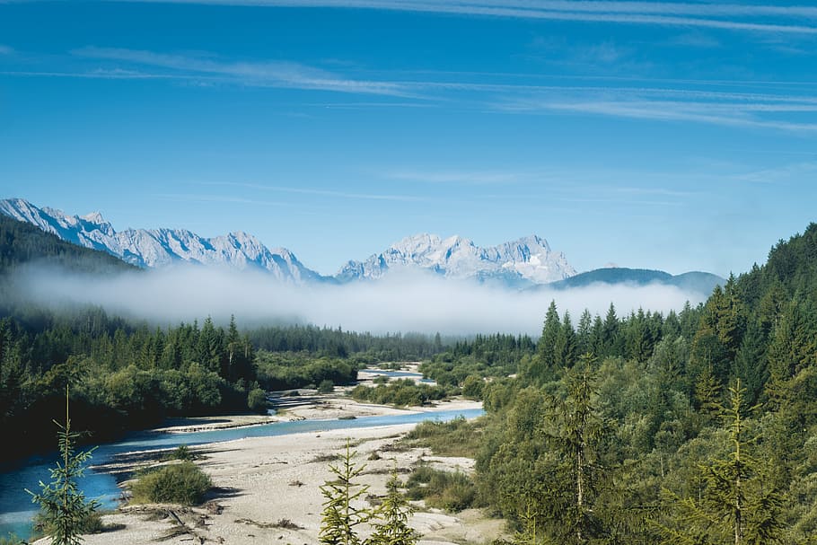 river surrounded by trees near mountains during daytime, green trees near body of water HD wallpaper