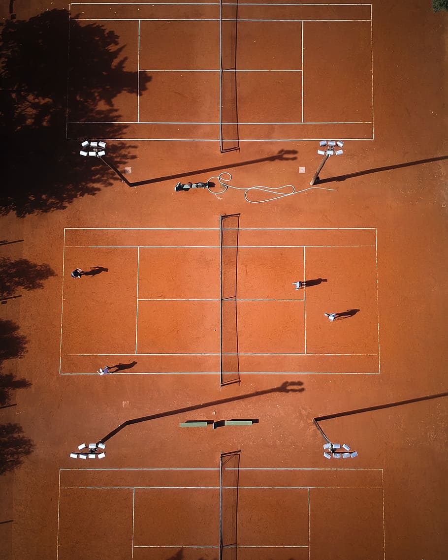 brown field, bird's eye photography of tennis field, court, sport