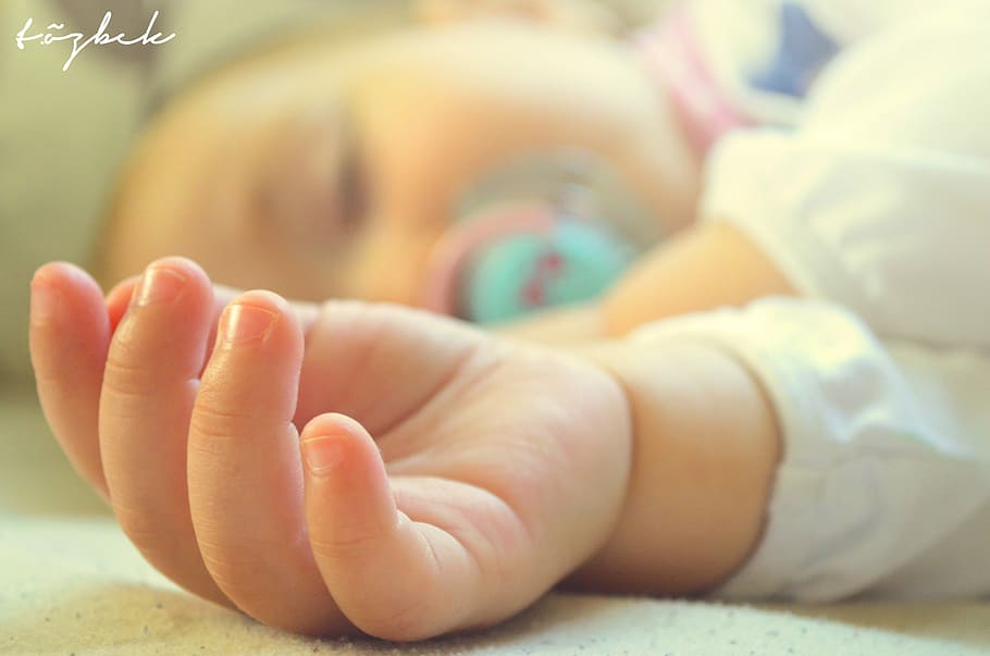 tilt shift photography of baby's hand laying, bamo, the innocence, HD wallpaper