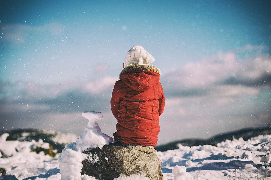 person sitting on rock in winter time, people, alone, rocks HD wallpaper