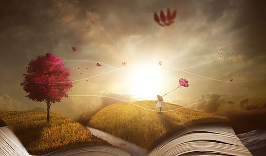 pink trees under blue sky digital wallpaper, book, landscape HD wallpaper