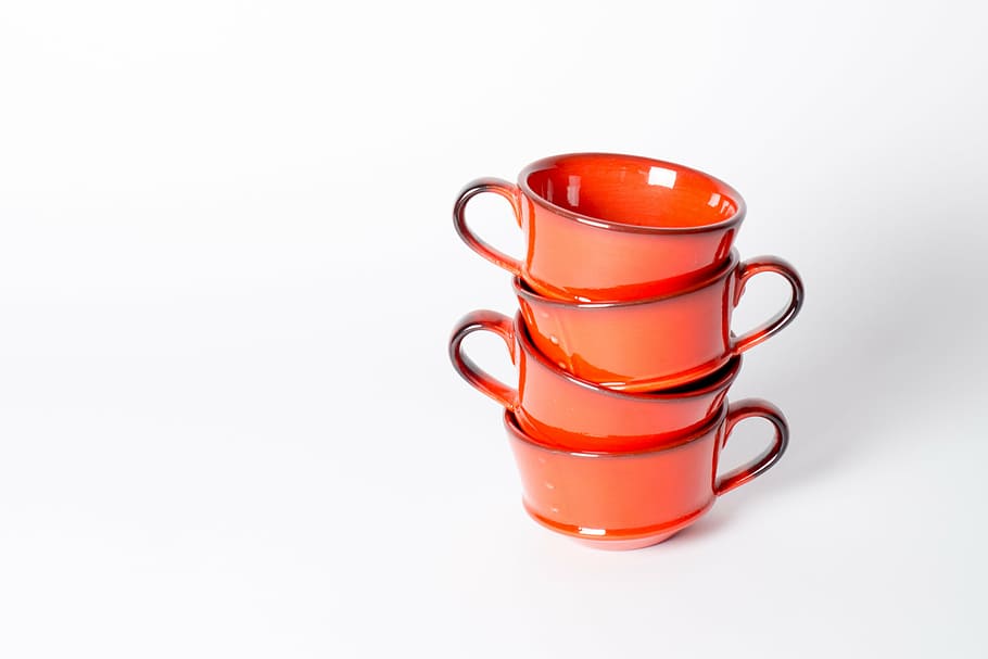 four orange ceramic cups on white surface, coffee, drink, mug HD wallpaper