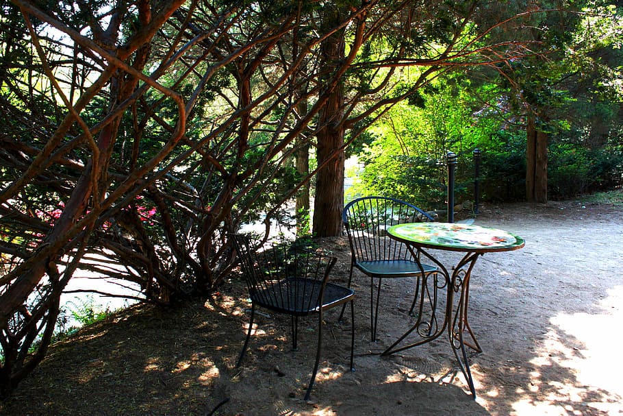 landscape, break, table, wood, nature, outdoor, cafe, chair HD wallpaper
