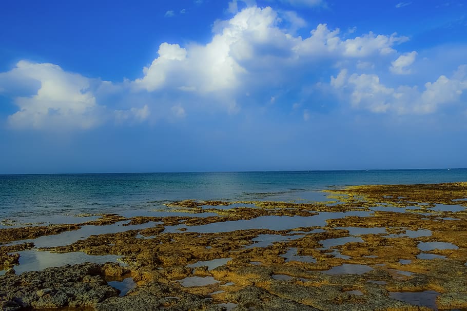 beach, coast, sea, horizon, nature, shore, sky, clouds, ayia triada, HD wallpaper