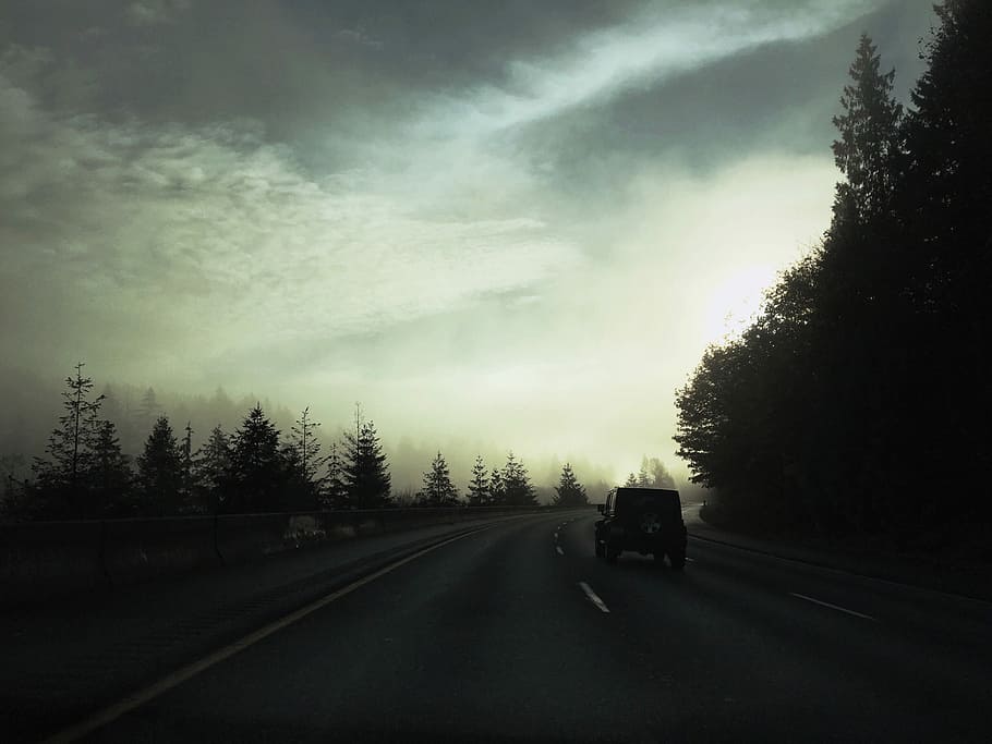 car passing on road, trees beside roadway, dramatic sky, monochrome HD wallpaper