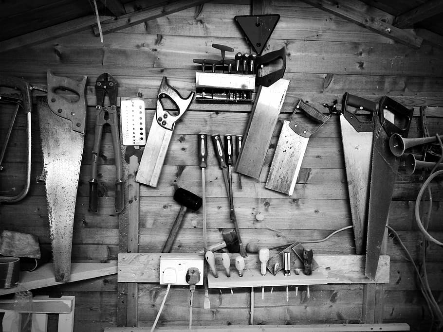 Fools Tools, grayscale photo of tools, woodwork, workshop, black and white