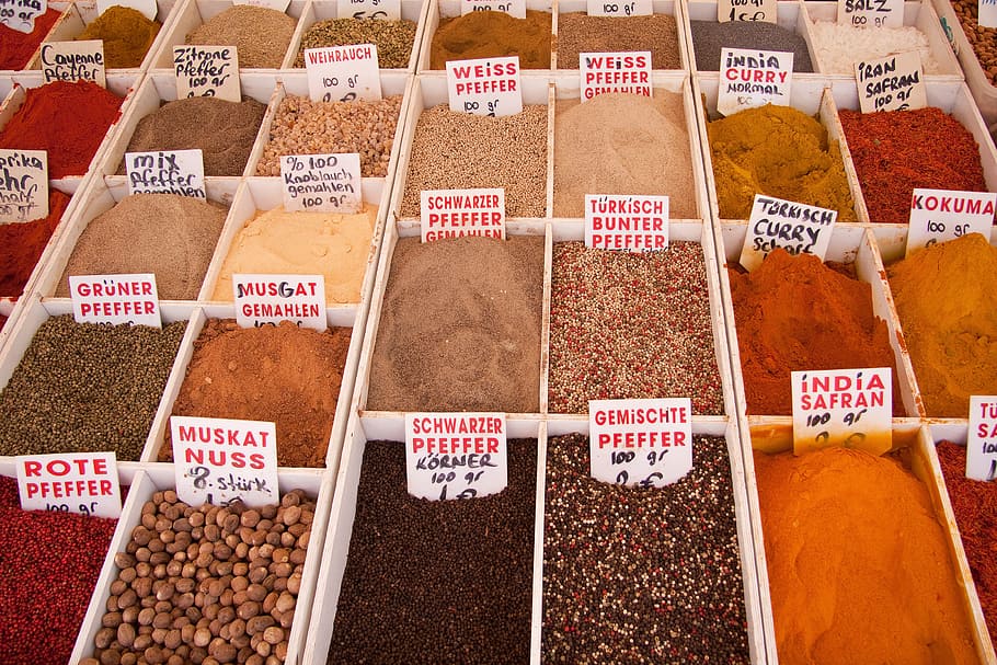 flat lay photography of variety of spices, market, bazaar, trading post