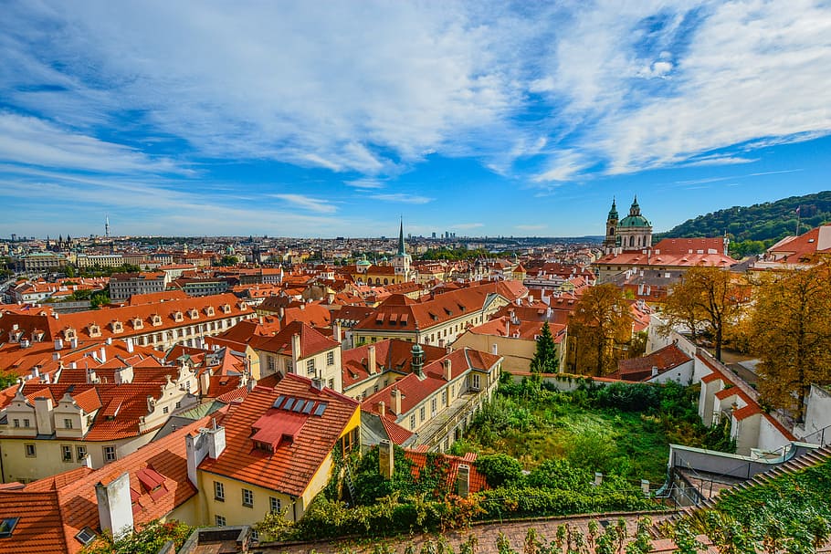 Arial view of village during daytime, top, houses, prague, skyline
