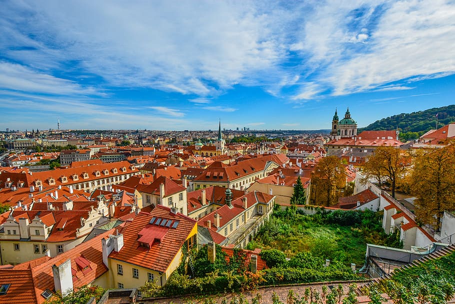 Arial view of village during daytime, top, houses, prague, skyline HD wallpaper