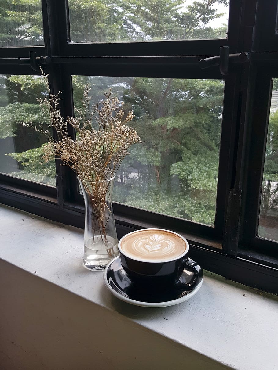 black ceramic coffee mug on window, black ceramic teacup on saucer near window HD wallpaper