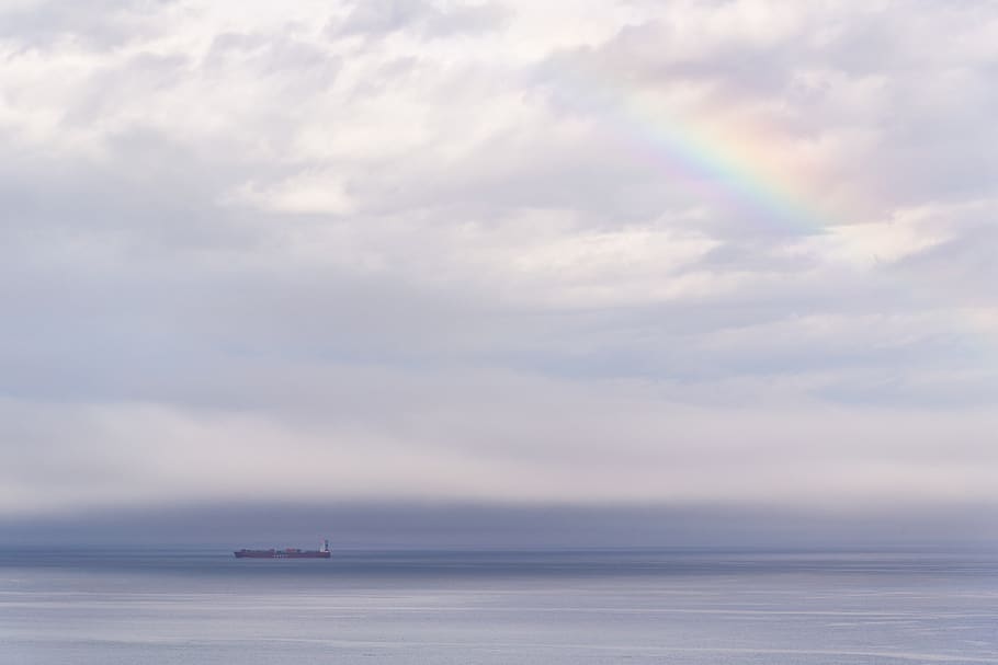 gray sky, sea, view, clouds, winter, cloud - sky, nautical vessel HD wallpaper