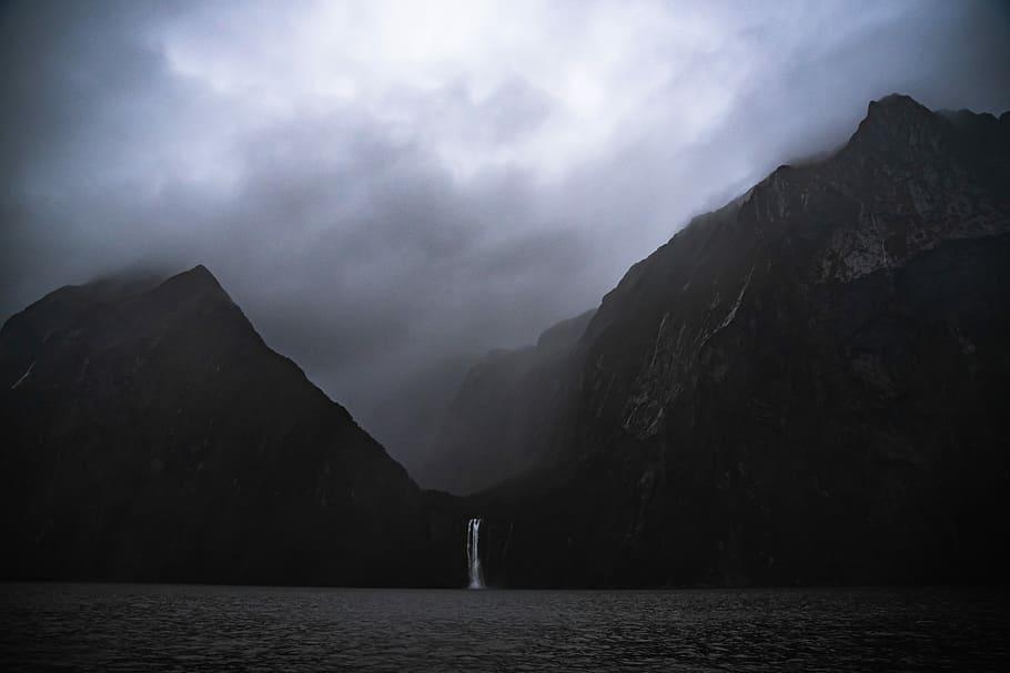 waterfalls in mountain near ocean, untitled, sky, cloudscape HD wallpaper