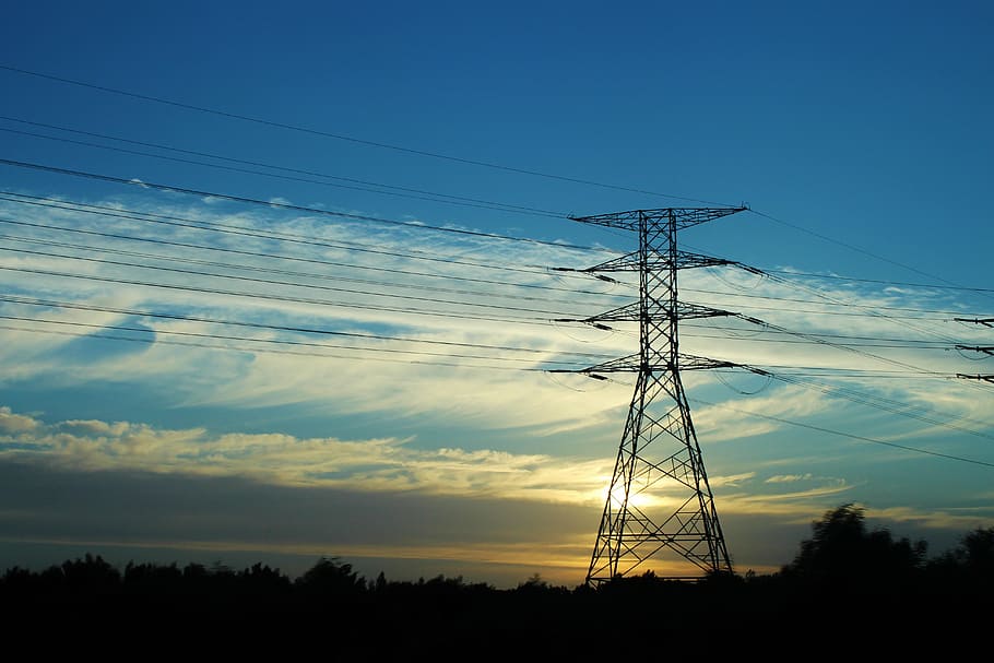 black transmission tower during daytime, strommast, sunset HD wallpaper