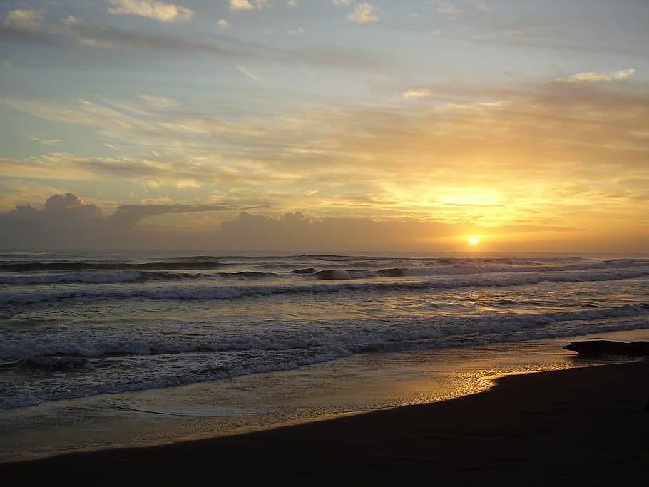 landscape, sun, setting sun, beach, water, sea, sunset, sky HD wallpaper