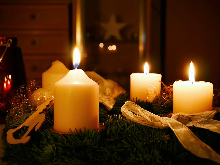 three white lighted candles, advent, christmas, x mas, christmas time