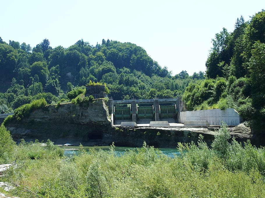 power station, freiburg, current, plant, tree, water, green color HD wallpaper