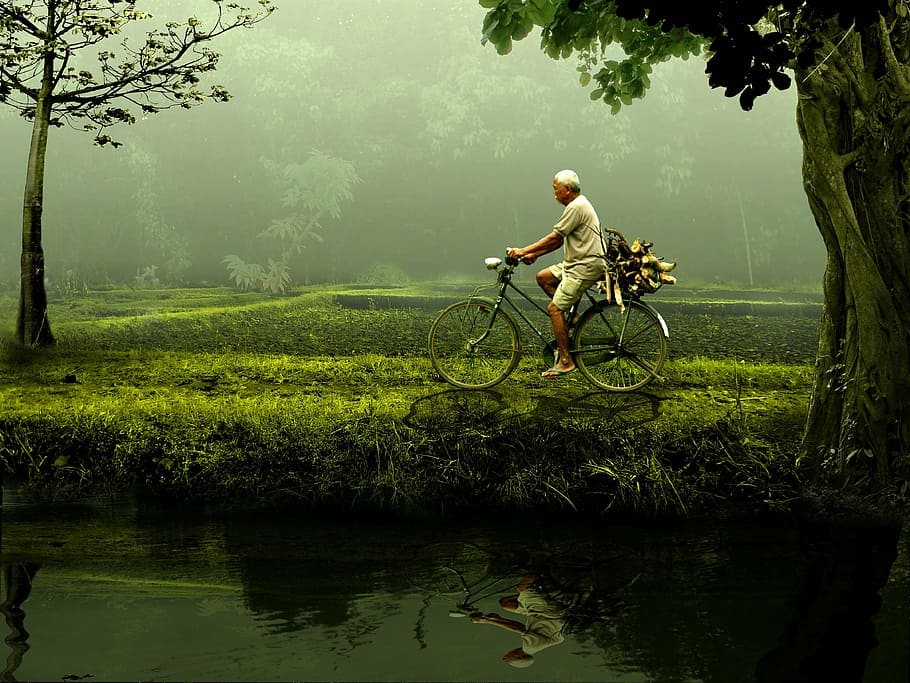 man riding black commuter bike driving beside body of water, old, HD wallpaper