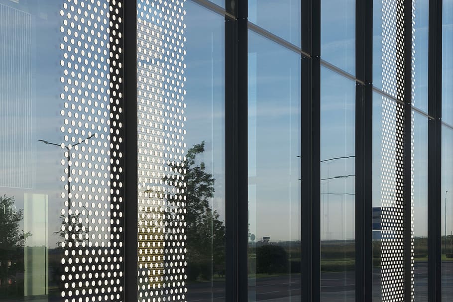 clear glass windows on frame, reflection, trees, dots, built structure HD wallpaper