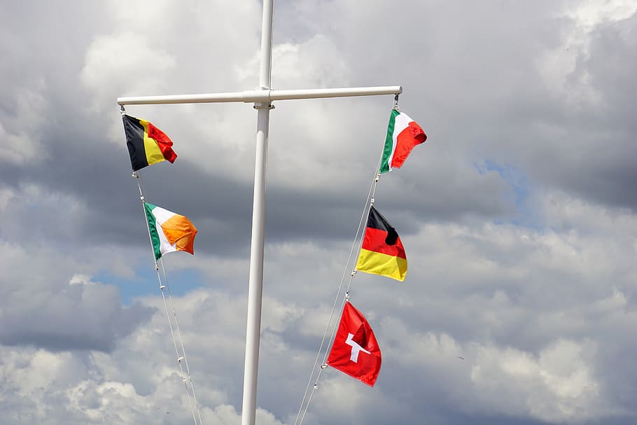 flags, pennants, sky, clouds, mat, cloud - sky, multi colored HD wallpaper