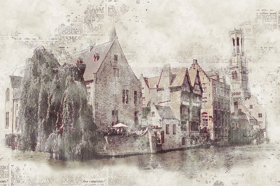 gray and brown house illustration, belfry, tower, bruges, canal
