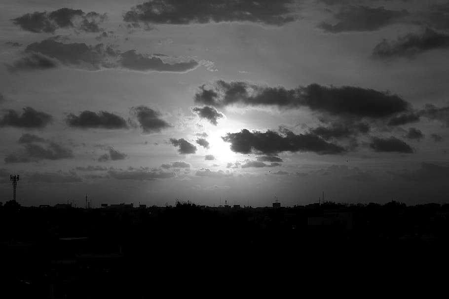 Clouds, Sunset, orizonte, sky, light, grey, black and white HD wallpaper