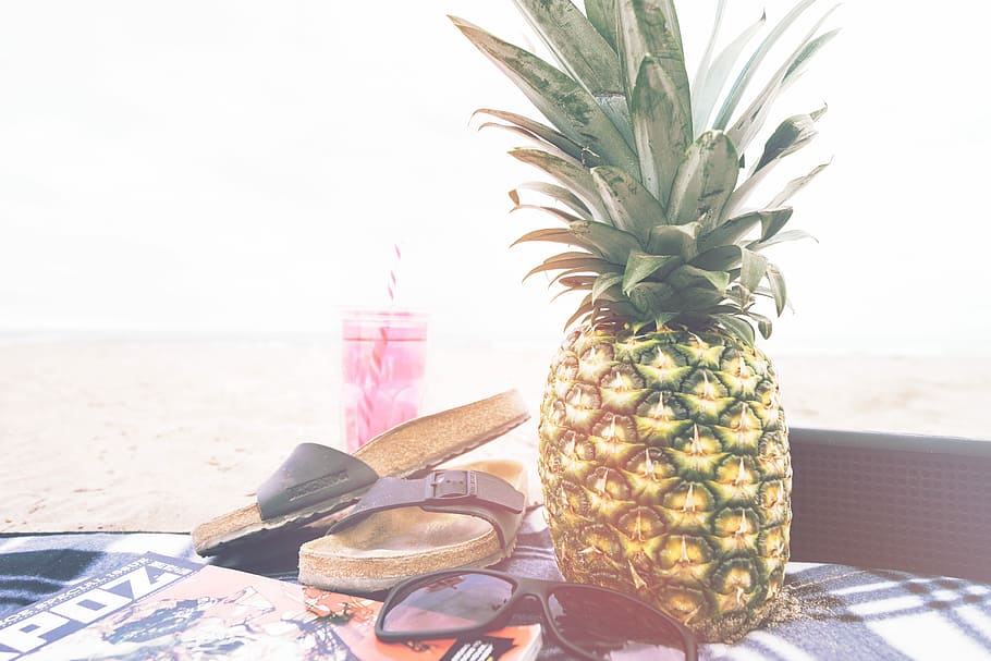 minimalist photography of pineapple near sandals and sunglasses, piano beside sunglasses HD wallpaper