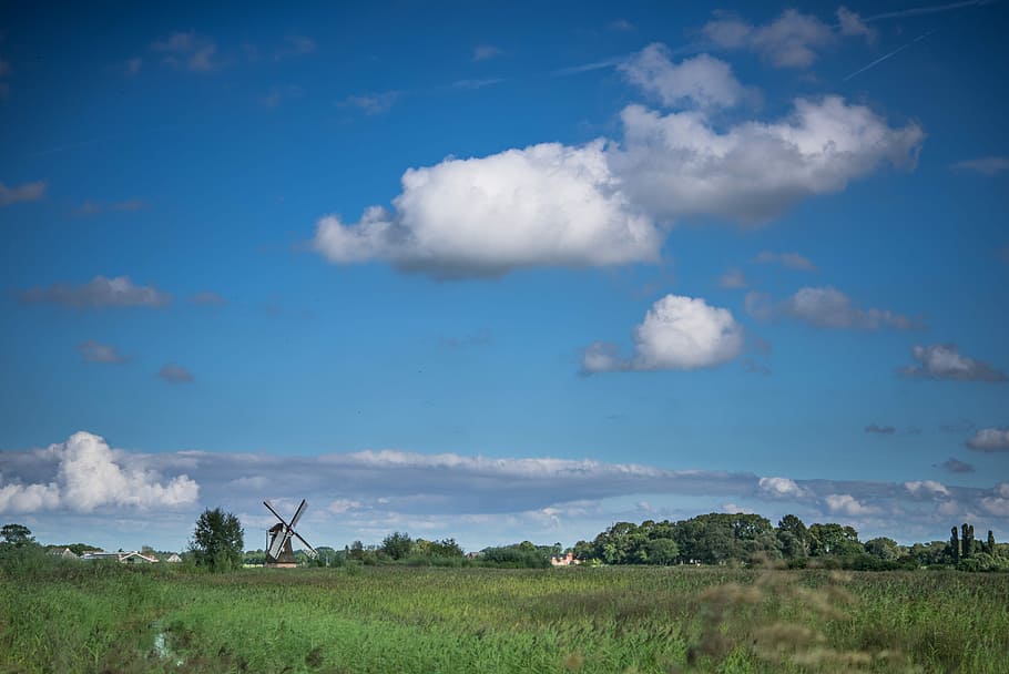 Mill, Meadows, Clouds, Dutch, green, windmill, nature, blue HD wallpaper