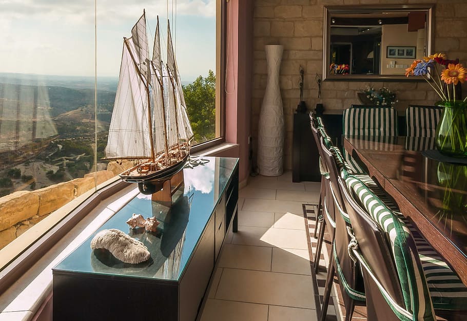 brown galleon ship miniature on desk, Dining Room, Interior HD wallpaper