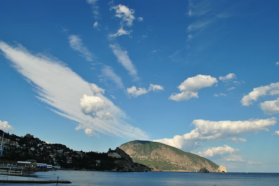 clouds, bear mountain, crimea, sea, nature, coastline, summer HD wallpaper