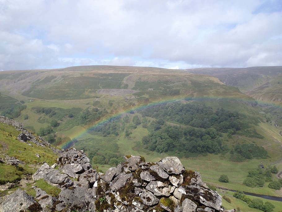 rainbow, yorkshire, dales, countryside, landscape, scenic, green, HD wallpaper