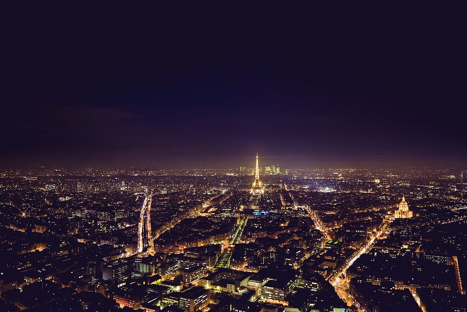 Night view over Paris in France with Eiffel Tower, urban, city