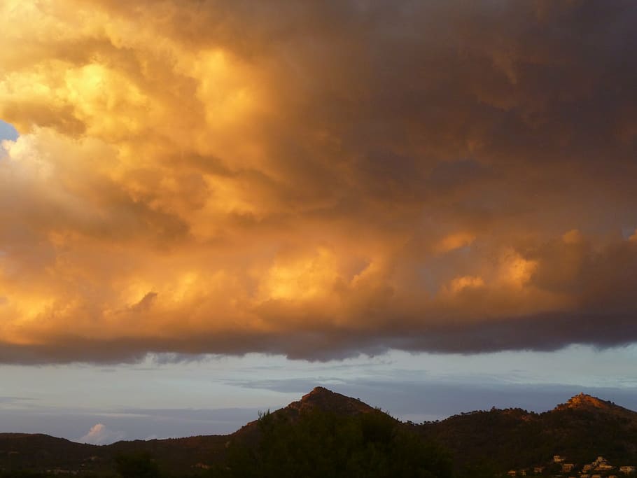 clouds, mood, landscape, atmosphere, sunset, evening sky, gold HD wallpaper