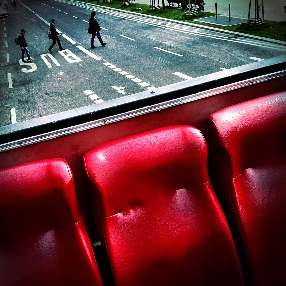 three men walking on street during day, red, sit, bus, outlook HD wallpaper