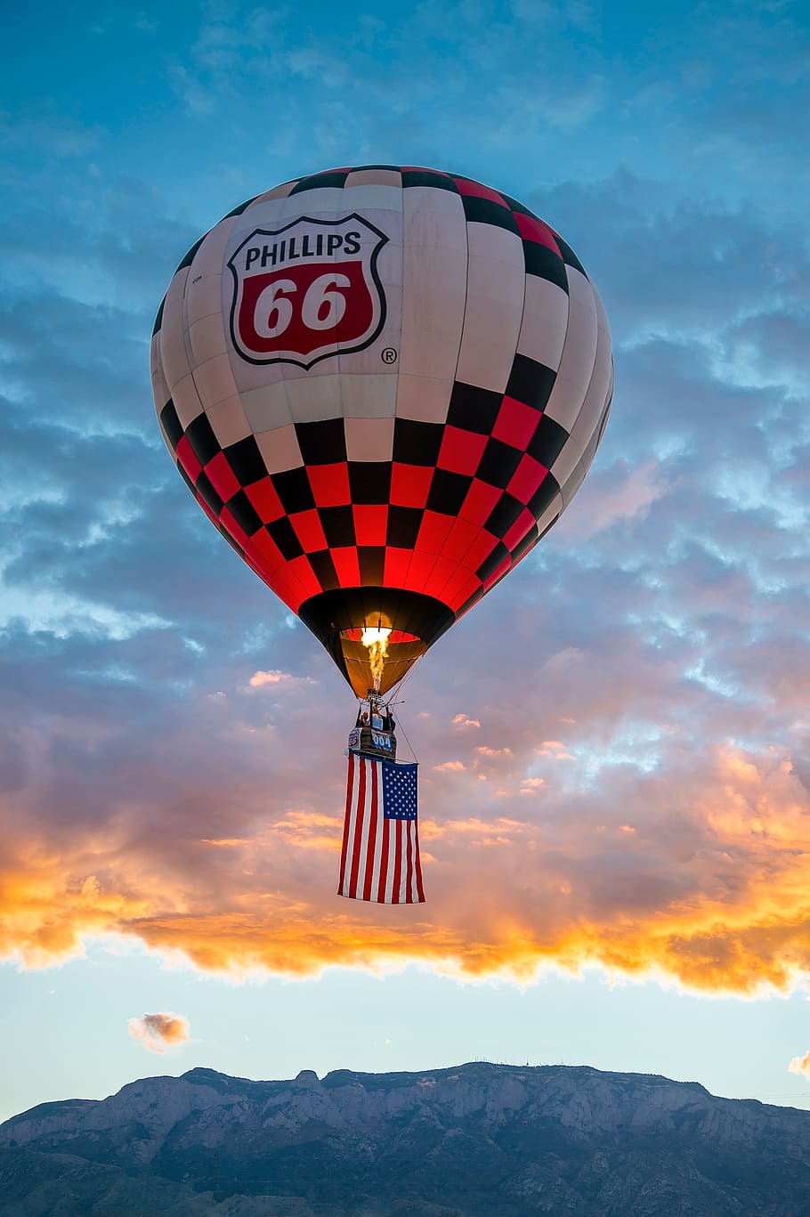 hot air balloon, clouds, sky, sunset, mountain, flag, cloud - sky HD wallpaper