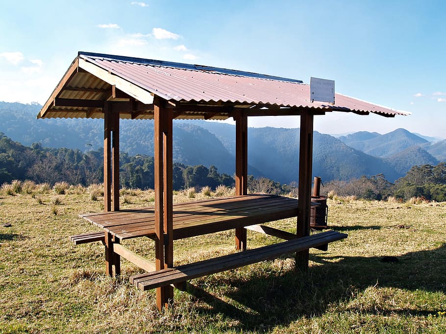 picnic table, shelter, rustic, seat, bench, view, mountains HD wallpaper