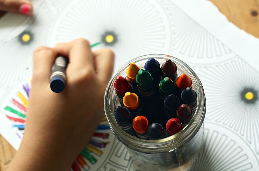 person holding blue color crayon, crayons, coloring book, children HD wallpaper